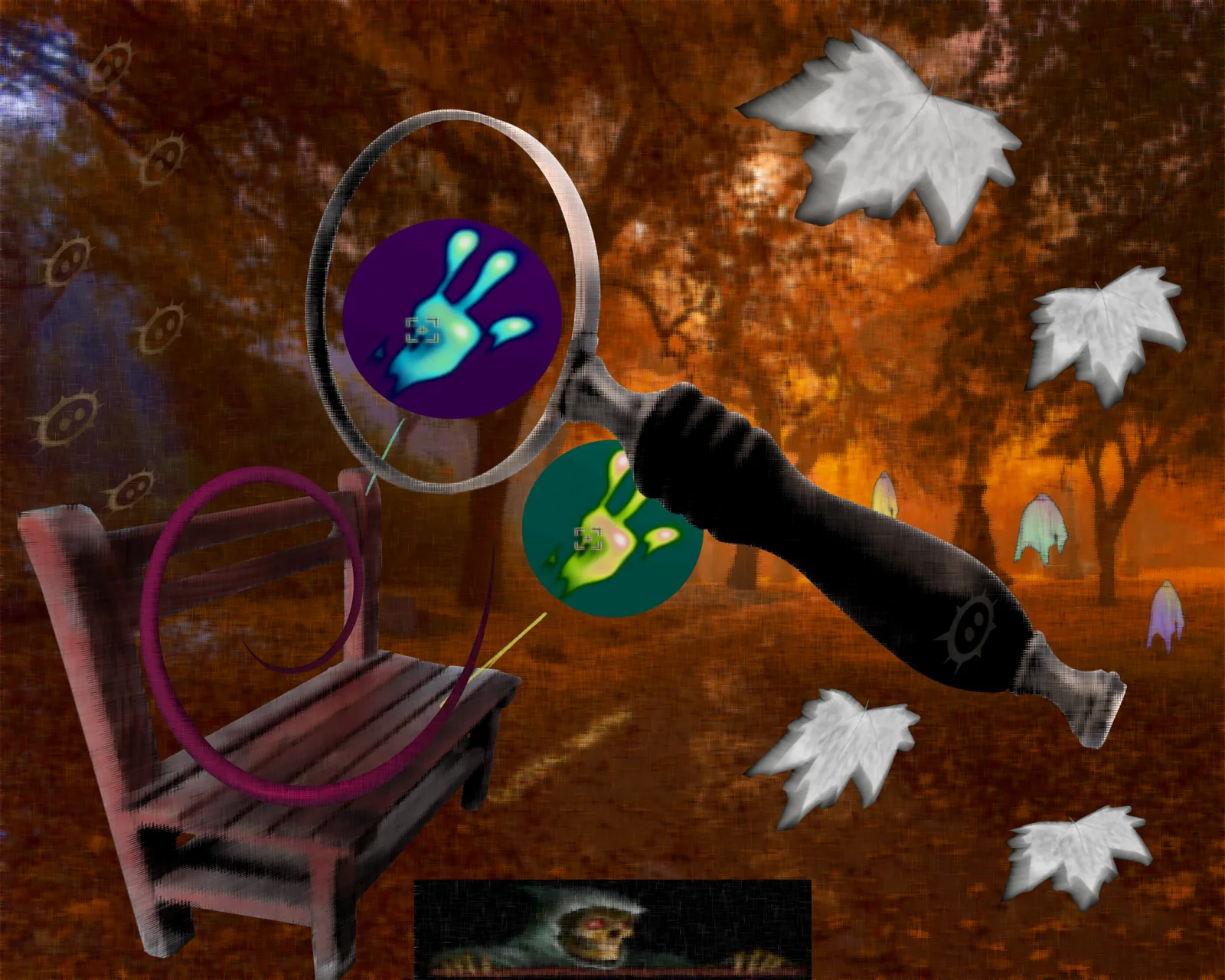at_da_park, the original AWKU artwork: an autumn park with a bench, a magnifying glass over a glowing hand, floating ghosts and white leaves
