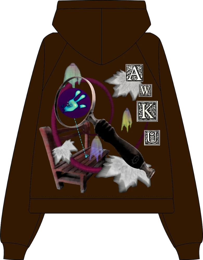 At Da Park zip-up, back print: bench, magnifying glass over a glowing hand, ghosts, leaves